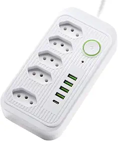 Filtro de Linha 5 Tomadas Padrão Brasileiro 4 USB 1 USB-C Cabo 2m 2500W Bivolt