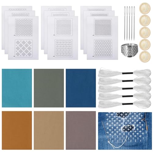 Image of Sashiko Kit for Beginners, Water-Soluble Sashiko Thread and Needles Set, Pure Fabric Sashiko Stencil Kit, Versatile Sashiko Supplies, Embroidery Transfer Templates for DIY Crafts