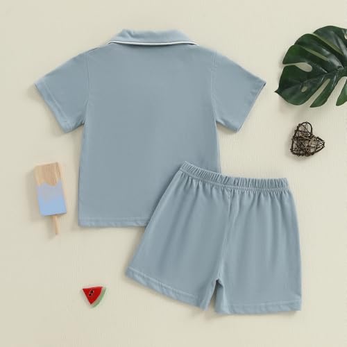 Balaflyie Toddler Baby Pajama Set Boy Girl Button Down Sleepwear Short Sleeve Shirt&Shorts Cotton Jammies Kids Lounge Sets (Dust Blue,3 Years)