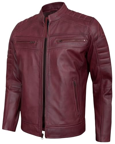 UrbanFocal Maroon Quilted Mens Leather Jackets - Real Lambskin Cafe Racer Style Leather Motorcycle Jacket Men | [101000704] C.Racer Maroon, L