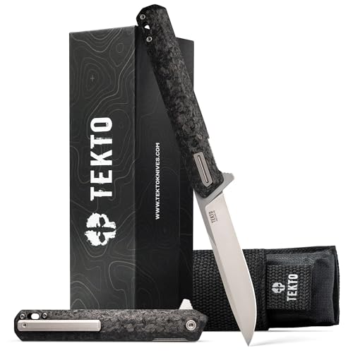 TEKTO F2 Bravo Folding Pocket Knife - EDC Knife, D2 Steel Blade, Ceramic Ball Bearings, Swift Flip Foldable Pocket Knives for Camping, Hiking - Forged Carbon Handle Silver Titanium Accents 2.4oz (68g)