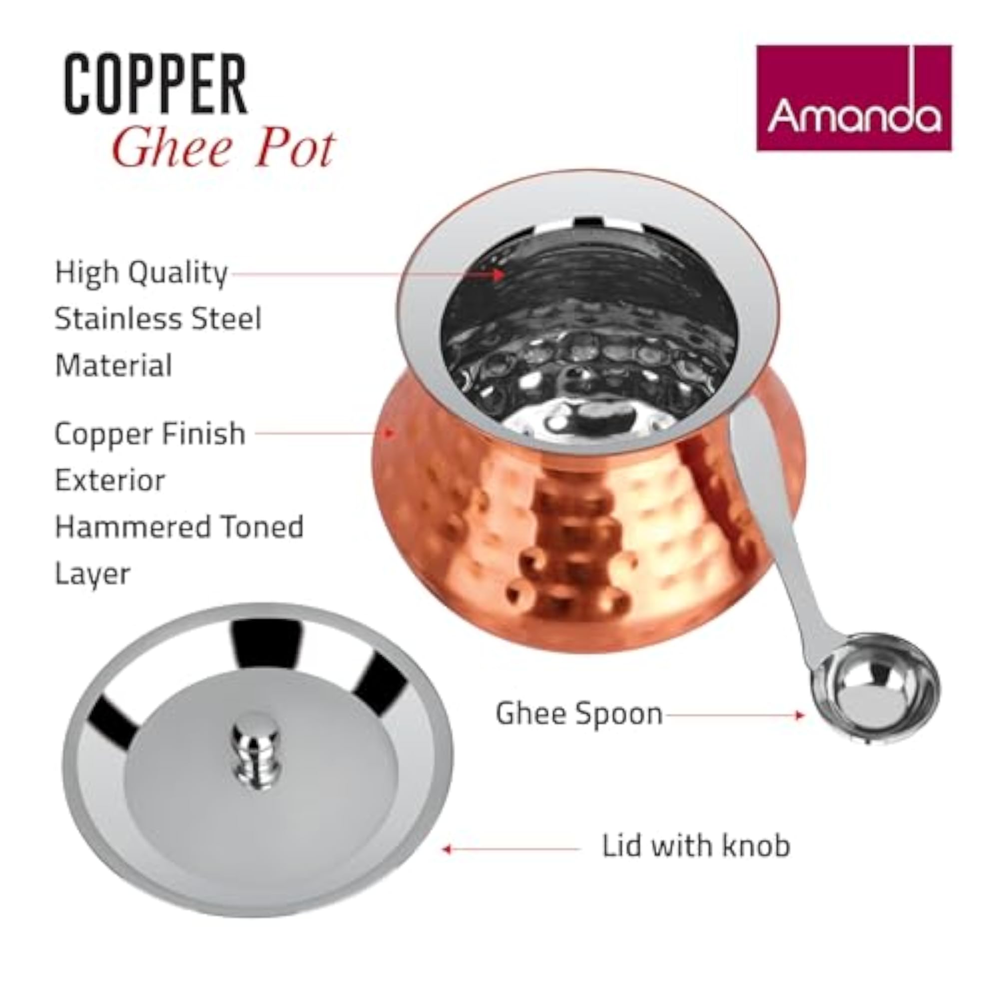 Copper Finish Ghee Pot with Lid, 350ml
