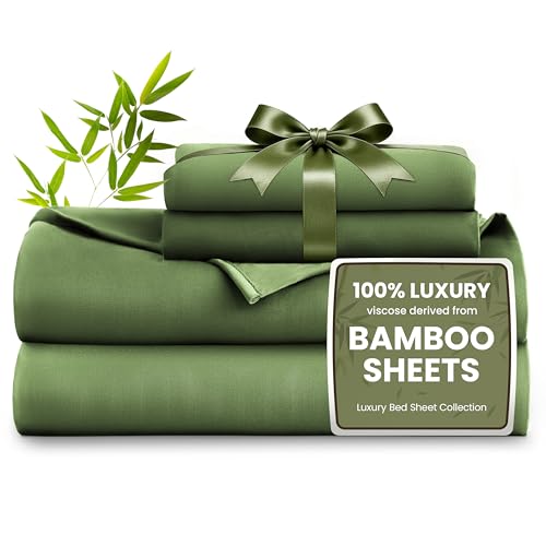 Love's cabin 4 Piece Queen Sheet Set, 100% Rayon Derived from Bamboo, Cooling & Breathable, Soft Silky Deep Pocket up to 16", Hotel Luxury Bedding for Hot Sleepers, Olive Green
