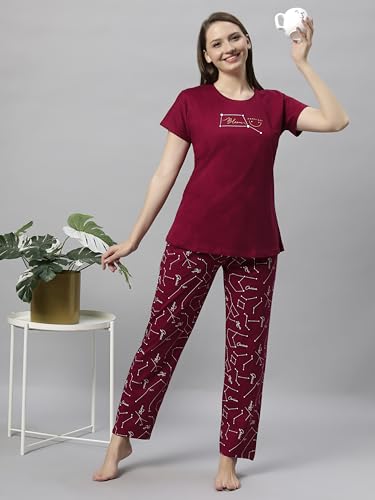 Image of DZZO Women's Cotton Printed Night Suit Set of T-Shirt & Pyjama, Night wear Dress, Relaxed wear for Women /Girls