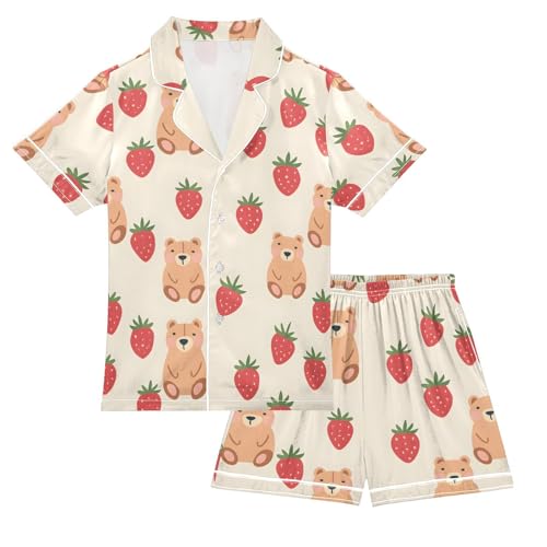 ALAZA Bear Fruit Animal Strawberry Satin Pajamas Set Short Sleeve Button Down Sleepwear Summer Pjs 2 Piece