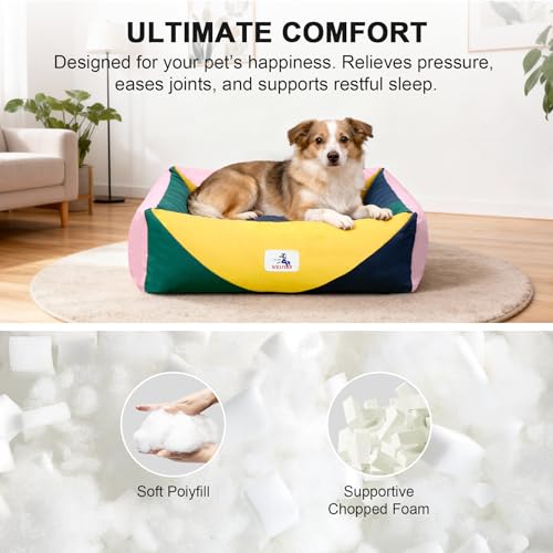Image of Cotton Canvas Dog Bed, Pink Dog Bed Medium Size Dog, 30 inchx25 inchx10 inch Puppy Bed with Washable Removable Cover, Durable 290 GSM Cotton Anti-Chewing Pet Bed with Anti-Slip Bottom, Pink&Yellow&Green