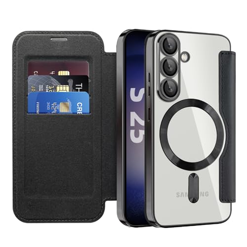 Étui portefeuille pour Samsung Galaxy S25 FE noir avec porte-cartes et dos transparent MagSafe