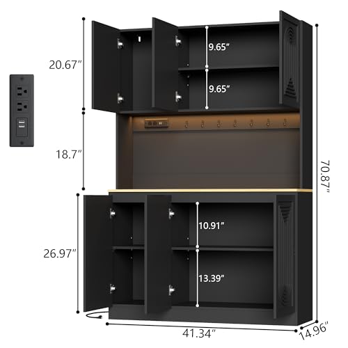 Image of 71 inch Black Kitchen Pantry with Power Outlet & LED Light, Large Kitchen Hutch Cabinet with Adjustable Shelf, Modern Buffet Cabinet with 6 Doors, Food Pantry Storage for Dining Room (Black 6 Doors)