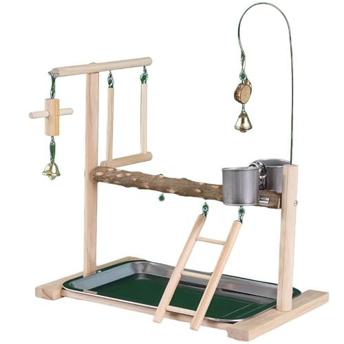 RoastMeインコ 遊び場 二層 バード アスレチック 玩具 スタンド 止まり木 はしご 食器 水器 鳥 巣 カゴ 遊園地 秋千 ラダー ベル 鳥の巣 鳥栖、無垢材のプラットフォーム (No. 9 トネリコスタンド)