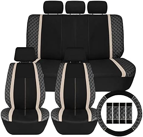 We Are Young Life is Fun™ Checker Car Seat Covers Universal Fit Interior Accessories Full Set Beige Seat Cover Combo Steering Wheel Cover and Seat Belt Pads, Airbag and Split Rear Car Seat Covers