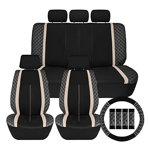 We Are Young Life Is Fun™ Checker Car Seat Covers Universal Fit Interior Accessories Full Set Beige Seat Cover Combo Steering Wheel Cover And Seat Belt Pads, Airbag And Split Rear Car Seat Covers #TOP19