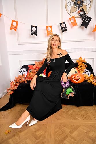 Amoretu Dresses for Women Long Sleeve Off Shoulder Maxi Flowy Casual Loose Plain Dress with Pockets4