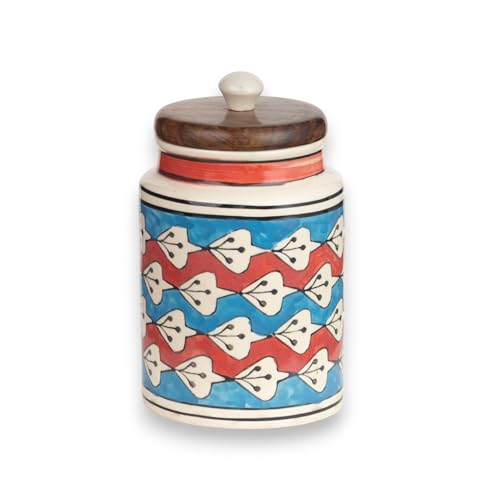 Image of Airtight Ceramic Jar - 900ml Each - Wooden Lid - Kitchen Containers for Sugar, Tea, Salt, Pickles, Pulses & More (Red & Blue)