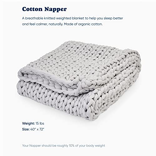 Image of Bearaby Cotton Hand-Knit Weighted Blankets for Adults - Chunky Knit Blanket - Sustainable, Breathable, Organic, Cooling Weighted Blanket - Machine Washable (Moonstone Grey, 15 lbs, 40 inchx72 inch)