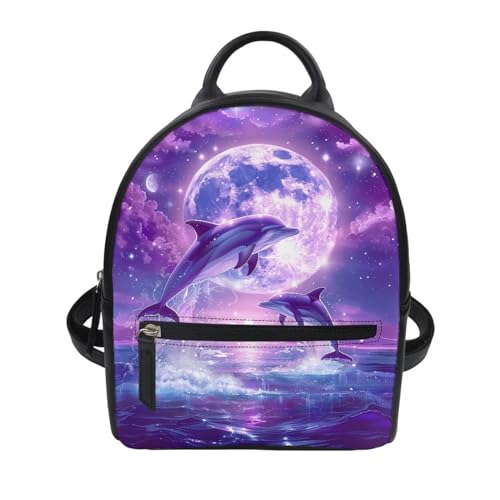 Amzbeauty Dolphin Moon Print Mini Backpack For Women Daily Cute Purse Bag Daypack With Zipper