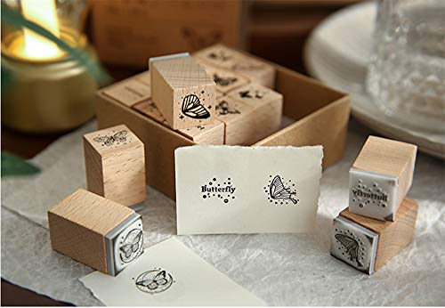 Fciqven 16 Pcs Vintage Wooden Rubber Stamp Set, Butterfly Decorative Stamp Wood Rubber Stamp for DIY Craft, Scrapbooking, Card Making, Gift Wrapping, Journals
