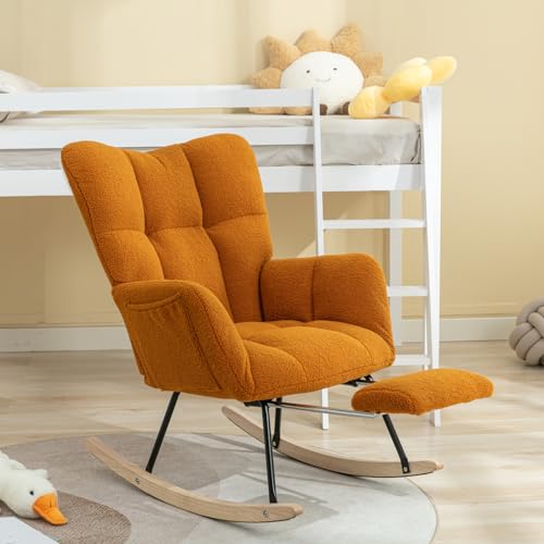 Image of FOXHUNTER Nursery Teddy Upholstered Glider Rocker with Adjustable Footrest, High Backrest Padded Recliner Reading Chair for Bedroom (Caramel)