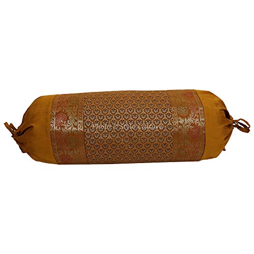 Stylo Culture Tubulaire cylindrique Polydupion Traditionnel Taie De Traversin Bordure de Brocart Jacquard à Fleurs dorées Grande Housse de Coussin Oreiller de Cylindre de Diwan (1 pc) | (76x38 cm) Cover
