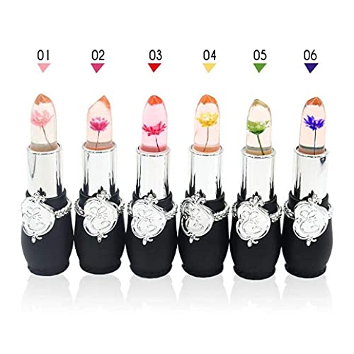 Firstfly Pack Of 6 Crystal Flower Jelly Lipstick, Long Lasting Nutritious Lip Balm Lips Moisturizer Magic Temperature Color Change Lip Gloss (Black) #TOP2