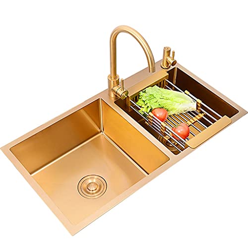 Fregadero de cocina doble de acero inoxidable 304 cuencos dobles balcón fregadero doble dorado nano cuadrado fácil de limpiar, incluido grifo (color: oro, tamaño: 82 * 45 * 22