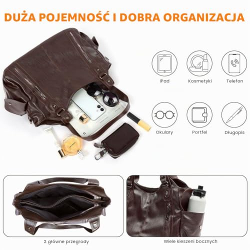 Skórzane torebki dla kobiet, z wieloma kieszeniami, listonoszka, torba crossbody i na ramię, torba hobo z regulowanym paskiem na ramię, do pracy, podróży i na co dzień