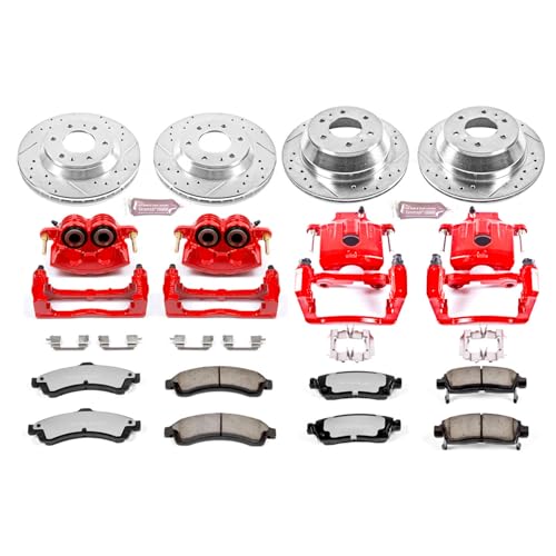 Image of PowerStop Front and Rear Brake & Caliper Kit for Buick Rainier 2004-05 |Chevrolet Trailblazer 2002-05 - Drilled & Slotted Disc Rotors + Z36 Brake Pads + Red-Powder Coated Calipers, KC2058-36