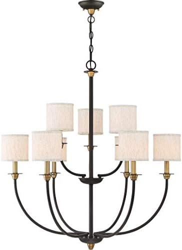 Quoizel Audley 9-Light Old Bronze Chandelier with Beige Fabric Shades and Gold Accents, Traditional Style Hanging Light for Bedroom, Living Room, or Dining Room