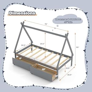 Komfott twin size house bed with 2 storage drawers wood platform bed frame with roof kids floor bed with storage no box spring needed grey  urban country home decor
