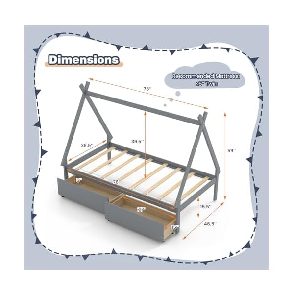 Komfott twin size house bed with 2 storage drawers wood platform bed frame with roof kids floor bed with storage no box spring needed grey  urban country home decor