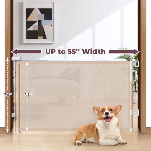 Image of Retractable Baby Gate for Stairs & Doorways, Dog Gate Indoor Outdoor | Extends to 55 inch Wide 34 inch Tall Mesh Child Gate for Hallways, Deck, Porch, Pet Toddler Safety Essentials, Easy Install, Beige