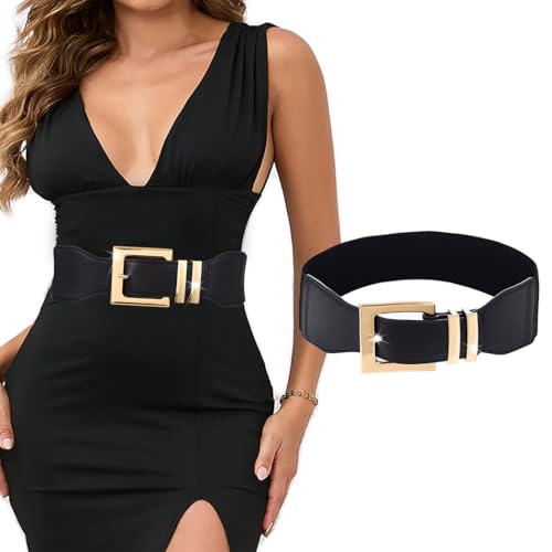 Tgirls Women's Elastic Belt Vintage Stretchy Waist Belts Gold Buckle Wide Belt Cinch Leather Waistband for Dress