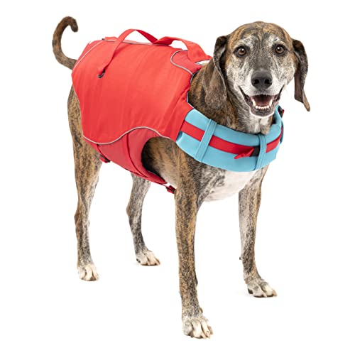 Kurgo Surf N Turf Hundeschwimmweste - Auftriebshilfe für Hunde - Neopren gefütterte Hundeweste - Reflektierendes Ripstop Material - Sicherer Sitz - Alte Verpackung - Rot/Blau - L
