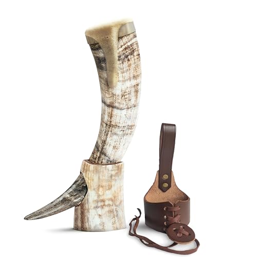 Norse Tradesman Viking Drinking Horn Bundle - 30 cm Ox Cup Fitted Stand Leather Holster & Burlap Gift Sack (Brass Rim Low Polish)