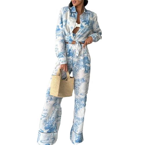 Ensemble 2 pièces ample pour femme en bleu s avec chemise imprimée et pantalon droit