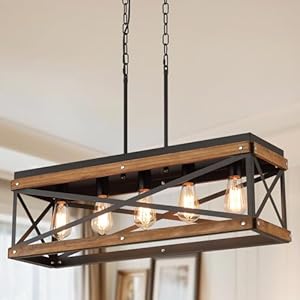 Rustic Farmhouse Wood Kitchen Island Lighting 5 Lights Rectangular Pendant Light Fixture Adjustable Chain Oak Wood and Metal Linear Chandelier for Dining Room Kitchen Island Farmhouse Black