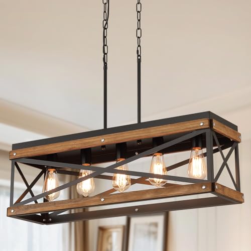 Rustic-Farmhouse-Wood-Kitchen-Island-Lighting-5-Lights-Rectangular-Pendant-Light-Fixture-Adjustable-Chain-Oak-Wood-and-Metal-Linear-Chandelier-for-Dining-Room-Kitchen-Island-Farmhouse-Black Rustic Farmhouse Wood Kitchen Island Lighting 5 Lights Rectangular Pendant Light Fixture Adjustable Chain Oak Wood and Metal Linear Chandelier for Dining Room Kitchen Island Farmhouse Black