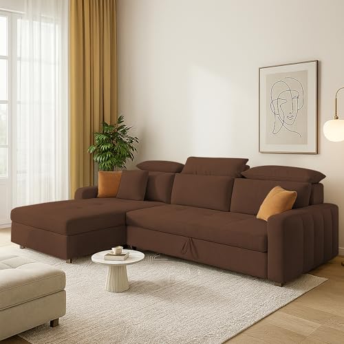 Image of Casaliving Gagnon LHS 4 Seater L Shape Corner Sofa Cum Bed for Living Room (Brown Fabric) Premium Fabric Sofa