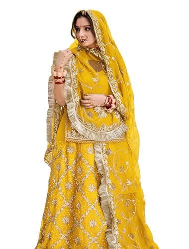 Image of Heavy Embroidery Work Semi Stitched Shimmer Silk Rajputi Poshak For Women Rajasthani Lehenga Choli