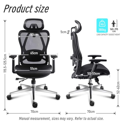 GGCIR Ergonomiczne Krzesło Biurowe z Podłokietnikami 3D, Regulacją Głębokości Siedzenia i Wsparciem Lędźwi, Obrotowe Krzesło Komputerowe do Biura i Domu, Czarny