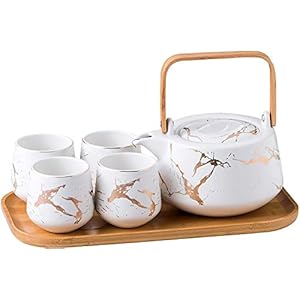KKGUD Keramische theeservies in Japanse stijl, elegante theepot en 4 theekopjes met houten dienblad voor middagthee, huisdecoratie, restaurant, theekransje – marmeren patronen (wit)