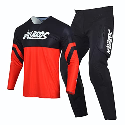 Willbros Combinaison de Pantalon en Maillot de Motocross Hommes Dirt Bike Ensemble D'engrenages MX Hors Route avec Poches Zippées Adulte Femmes Noir Rouge...