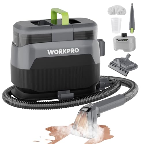 WORKPRO Limpiador de Tapicerías y Alfombras a Vapor con Aspirador 4 en 1, Potente Succión 16 kPa, Accesorios para Suciedad de Mascotas, Sofás, Colchones, Cortinas, Asientos de Coche