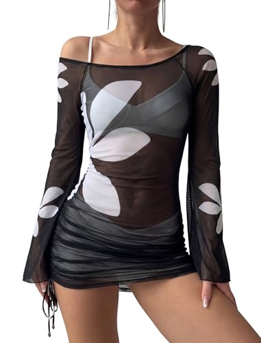 Image of ZAFUL Womens Swimsuit Cover Up Dress Off Shoulder Hollow Coverup Bathing Suit Mesh Swim Beach Dress