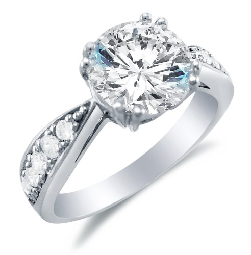 Solid 14k White OR Yellow Gold Round Brilliant Cut Solitaire with Round Side Stones CZ Cubic Zirconia Engagement Ring 2.0ct.