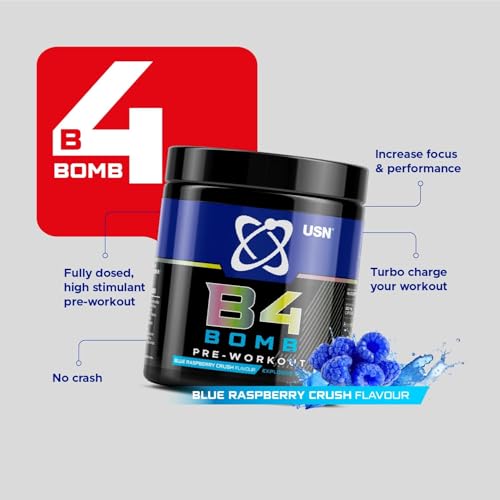 USN B4 Bomb Pre Workout Powder - 300g (20 Servings) Energy Drink Powder for Explosive Energy & Performance, 200mg Caffeine, 6000mg Citrulline, Creatine & 2000mg Beta Alanine - Blue Raspberry Flavour - Image 4