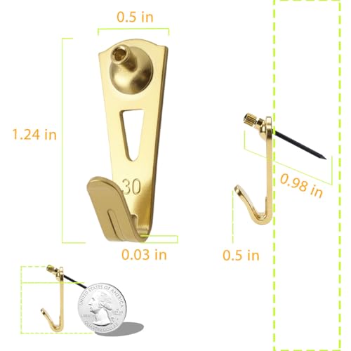 Image of Picture Hangers, Extra Thick, 30 lb, for Decorative Drywall & Plaster Walls - Small Nails for Painting, Frame Hooks to Hang for Hanging, 20 pcs, Gold