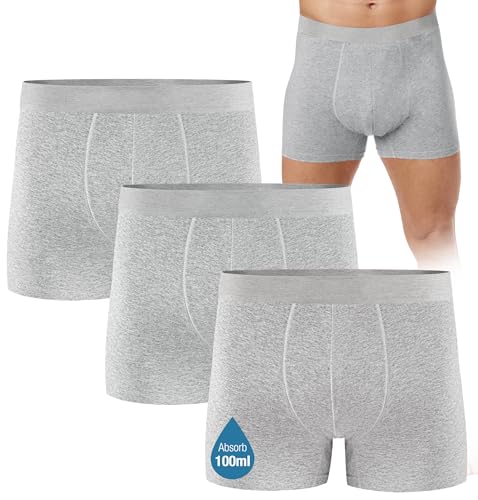 FORVEVO Calzoncillos Incontinencia Hombre,Algodon Boxer Calzoncillos Hombre Lavables con Almohadillas Protectoras Absorbentes de 100ml,a Prueba Fugas,Control Olores Reutilizables(Gris,XL)