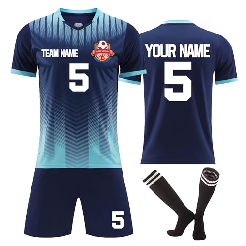 Faletony Personalisiertes Fussball Trikot Kinders Erwachsene Fusstball Shirt & Shorts Set mit Name Nummer Team Logo Personalisierte Fußballtrikot Jungs Mädchen (Polyester, Saphirblau)