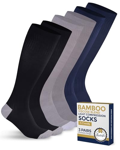 Pembrook Bamboo Viscose Light Compression Socks - 3 Pairs | 8-15 mmHg Compression Socks Women and Men | Soreness
