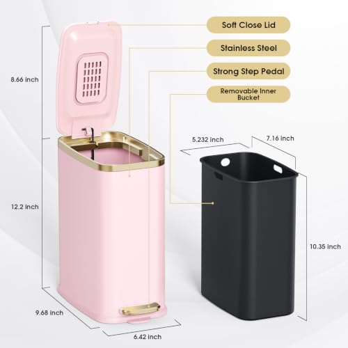 Image of CEROELDA Small Bathroom Trash Can with Lid-5L /1.3 Gal-Soft Close Lid-Pink